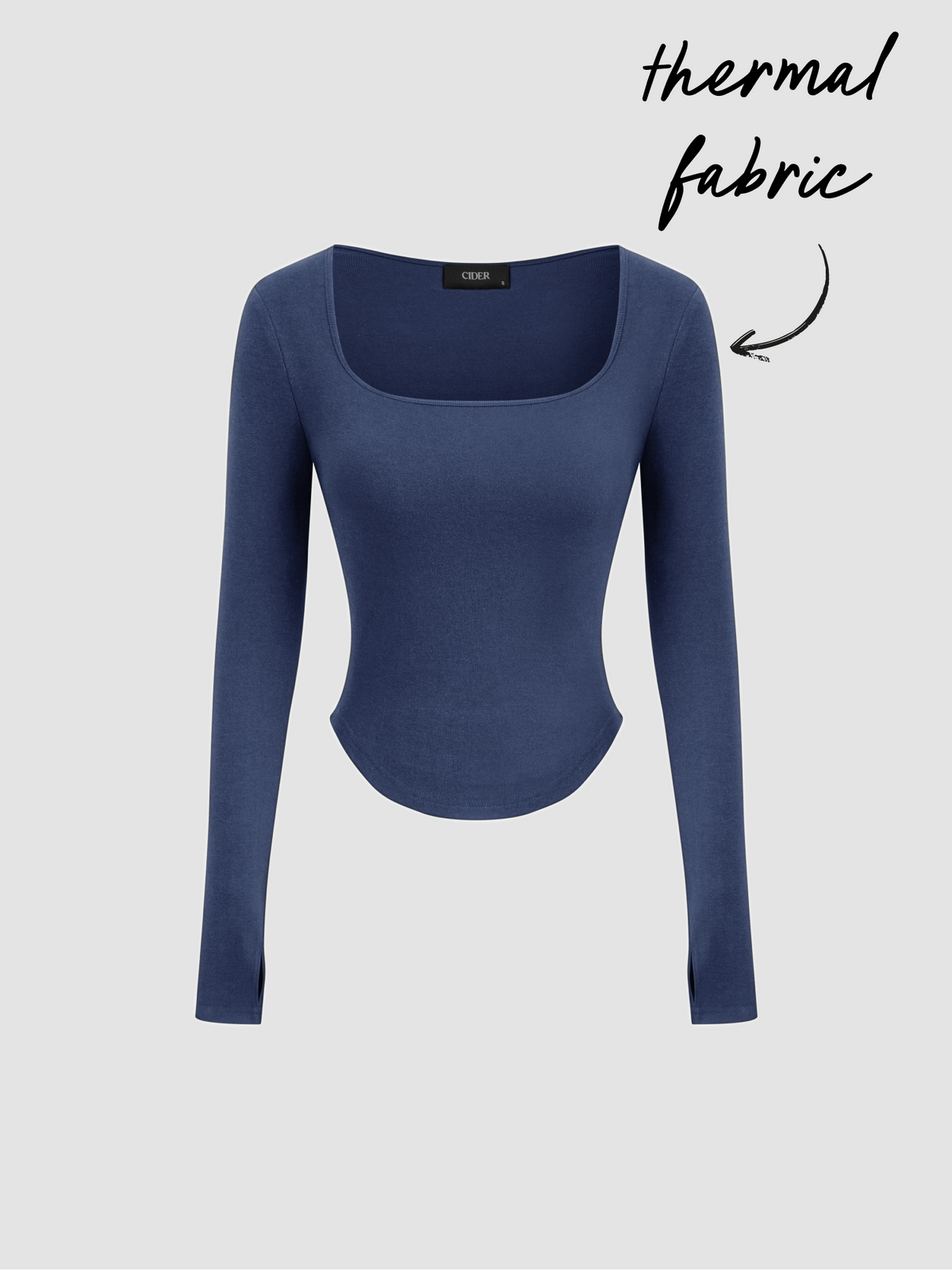 Thermal Cotton-blend Square Neck Solid Thumb Hole Long Sleeve Tee
