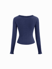 Thermal Cotton-blend V-neck Long Sleeve Lace Trim Ruched Tee