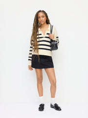 Striped Collar Knit Polo Top