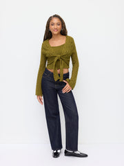 Knit V-neck Bell Sleeve Tie Front Hollow Out Cardigan With Cami Top