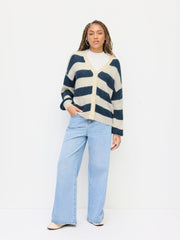 Knit Mohair-blend Striped V-neck Long Sleeve Oversized Cardigan