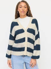 Knit Mohair-blend Striped V-neck Long Sleeve Oversized Cardigan