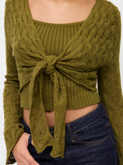 Knit V-neck Bell Sleeve Tie Front Hollow Out Cardigan With Cami Top