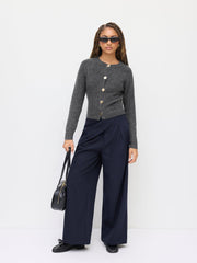 Knit Round Neckline Long Sleeve Metal Button Cardigan