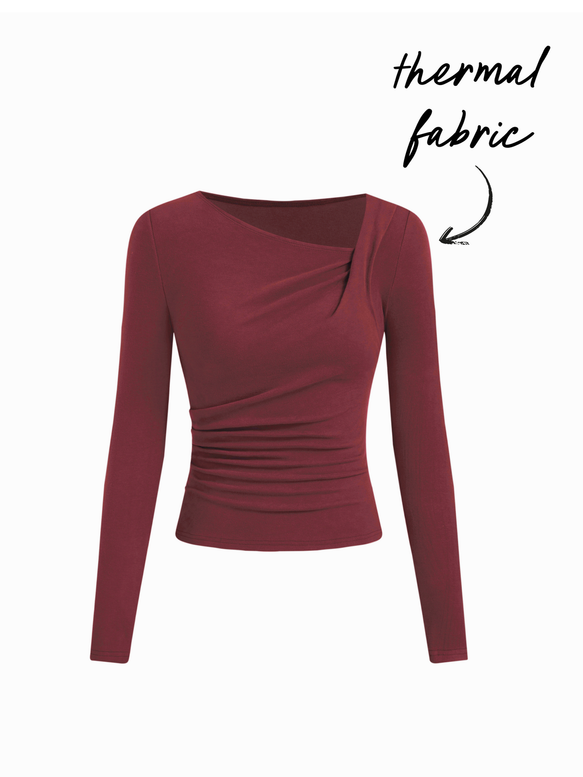Thermal Cotton-blend Asymmetrical Neck Long Sleeve Ruched Top