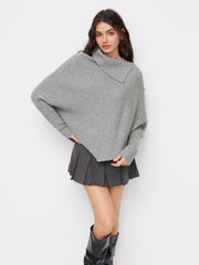 Knit Asymmetrical Neck Poncho Long Sleeve Sweater