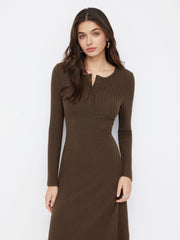 Round Neckline Long Sleeve Button Midi Dress