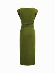 Boat Neck Solid Ruched Maxi Dress