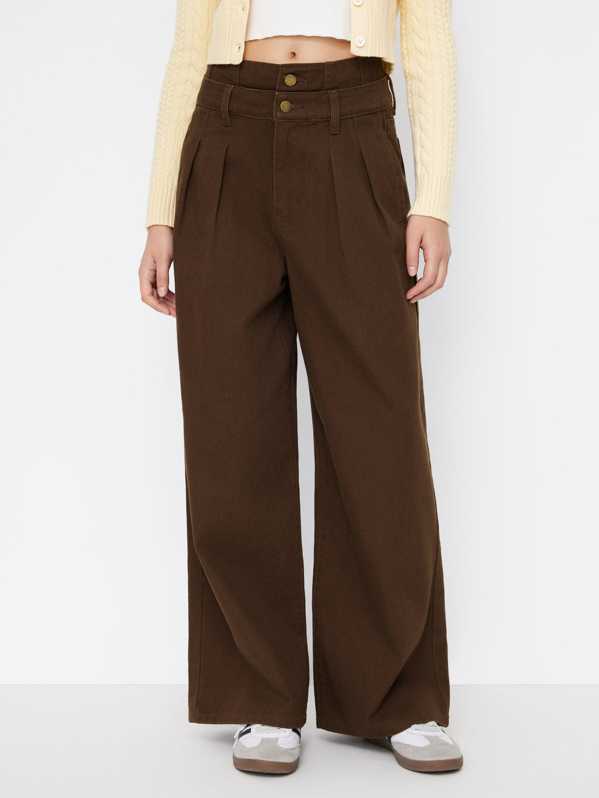 Double High Rise Solid Button Wide Leg Jeans