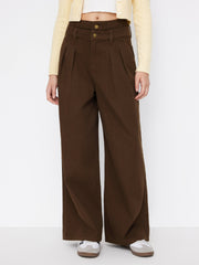 Double High Rise Solid Button Wide Leg Jeans