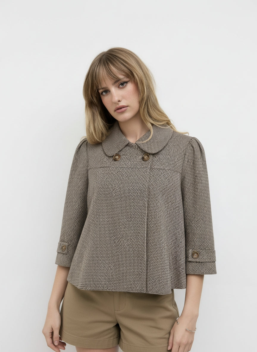 Jacquard Peter Pan Collar Houndstooth Three-quarter Length Sleeve Oversized Blouse