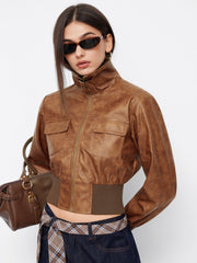 Two Way Faux Leather Funnel Neck Belted Crop Biker Jacket