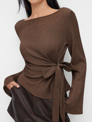 Boat Neck Textured Side Knotted Ruched Long Sleeve Top