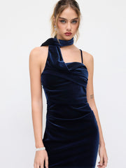 Velvet Halter Neckline Ruched Cami Maxi Dress With Scarf