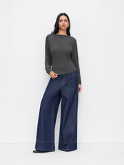 Boat Neck Batwing Sleeve Ruched Cinched Waist Top