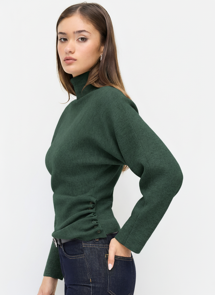 Knit Turtleneck Long Sleeve Button Side Ruched Cinched Waist Top