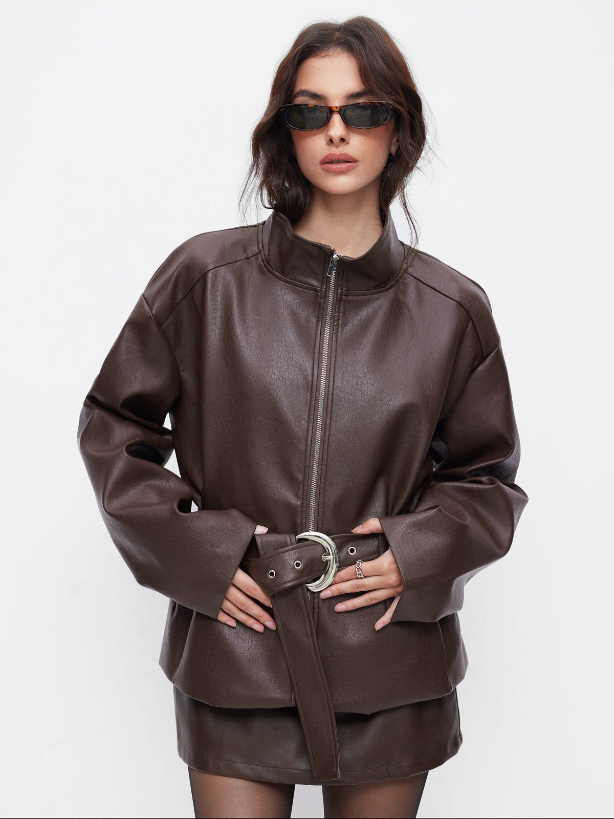 Faux Leather Stand Collar Zip Through Jacket With Belt