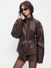 Faux Leather Stand Collar Zip Through Jacket With Belt