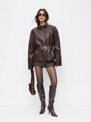 Faux Leather Stand Collar Zip Through Jacket With Belt