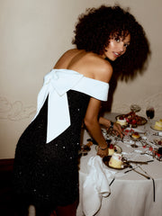 Sequin Off-shoulder Solid Bowknot Mini Dress