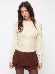 High Neck Long Sleeve Ruched Cinched Waist Blouse