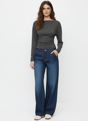 Boat Neck Batwing Sleeve Ruched Cinched Waist Top