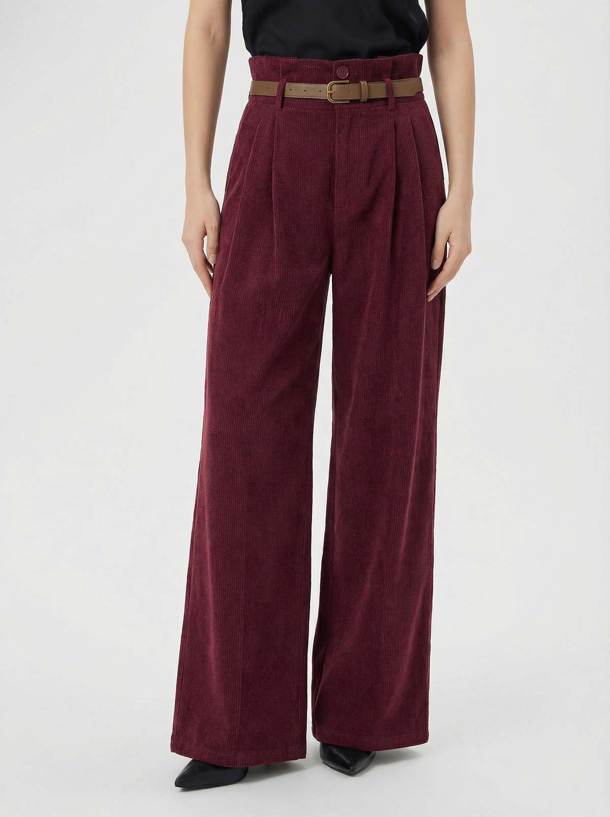 Corduroy High Rise Solid Pleated Wide Leg Trousers With Belt