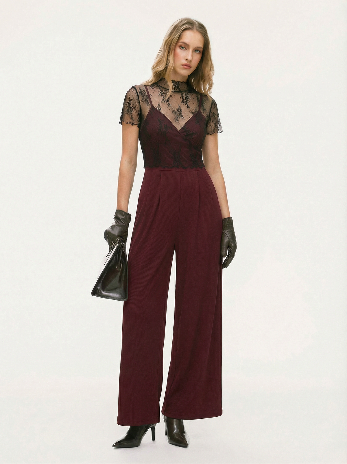 Lace See-through Top & V Neck Wide Leg Jumpsuit