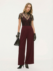 Lace See-through Top & V Neck Wide Leg Jumpsuit